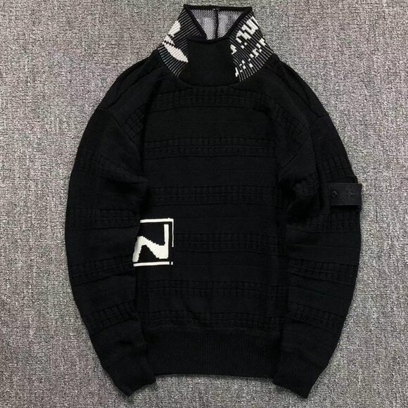 Stone Island Black Stand Collar Striped Sweater